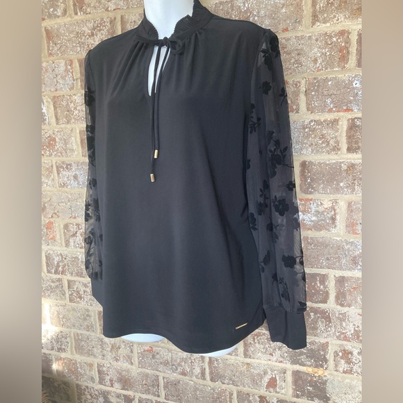 NWT Anne Klein Black Blouse with Sheer Floral Sleeves Stretch Size Large New - Picture 3 of 10